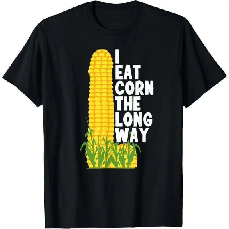Unisex Cotton Round Neck Sports Top, Funny "I Eat Corn The Long Way" Beach Casual Fashion T-Shirt, Funny Shirts, Corn Graphic