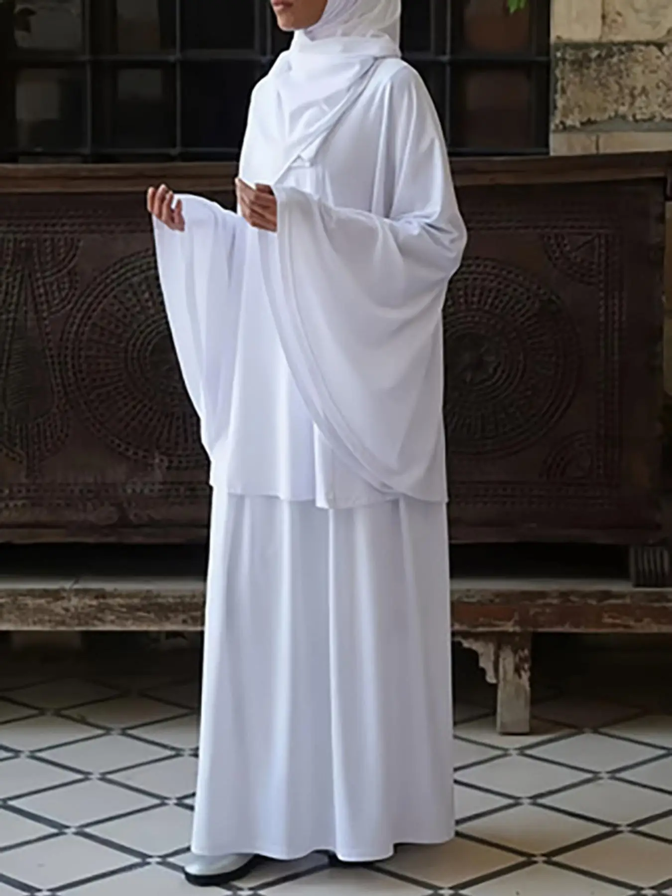 Arabic Clothing- Solid Long Sleeve Top & Elastic Waist Skirt Set without Hijab, Casual Round Neck Batwing Sleeve Top & Long Skirt, Women's Islamic Clo