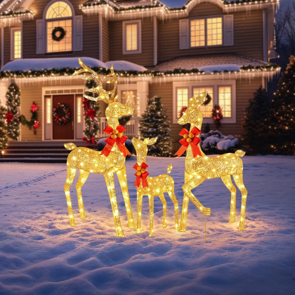 3-Piece Classic White Multicolor LED Lighted Reindeer Christmas Decor - Large 3D Glitter Finish, 57-47-28 Size, Floor Mount Animal Shape Holiday Decor for Outdoor Garden, Indoor Porch,home decor