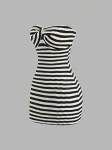 Women's Colorblock Striped Backless Knit Crop Top Mini Dress, Summer Fashion, Slim Fit, Trendy and Stylish, Perfect for Warm Weather