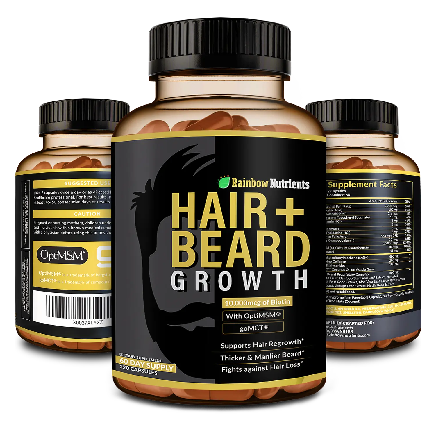 24-in-1 Hair+Beard Growth Supplement - Biotin 10,000mcg, Collagen, Patented OptiMSM, goMCT, Saw Palmetto | 60 Day Supply | Naturally Regrow Stronger, Thicker, Healthier Hair & Stop Hair Loss