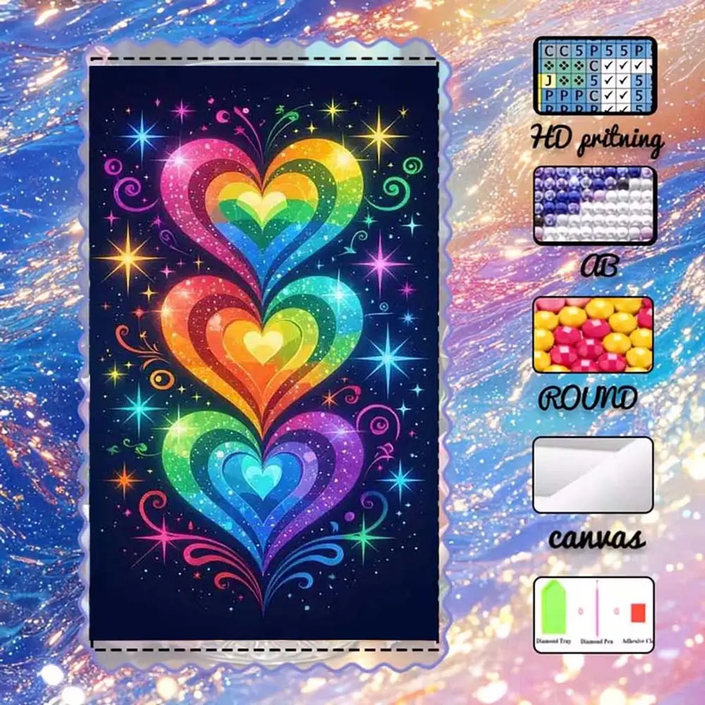 DIY 5D flocking diamond painting kit, AB drills, fairy dust drills, crystal drills, heart shape, rainbow, glittering diamond embroidery, stylish embroidery, special craftsmanship diamond art kit, wall decoration, gift for family, lovers, friends.