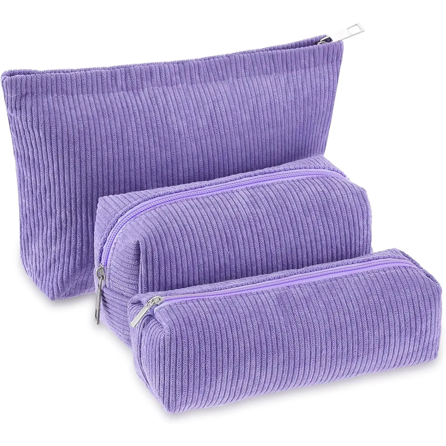 3 count Makeup Bag Set for Women Corduroy  Pouch Aesthetic Smile Travel Toiletry Bag Cute Purse Pouch Pencil Case Makeup Brushes Storage Organizer with Zipper(Purple,Solid Style)