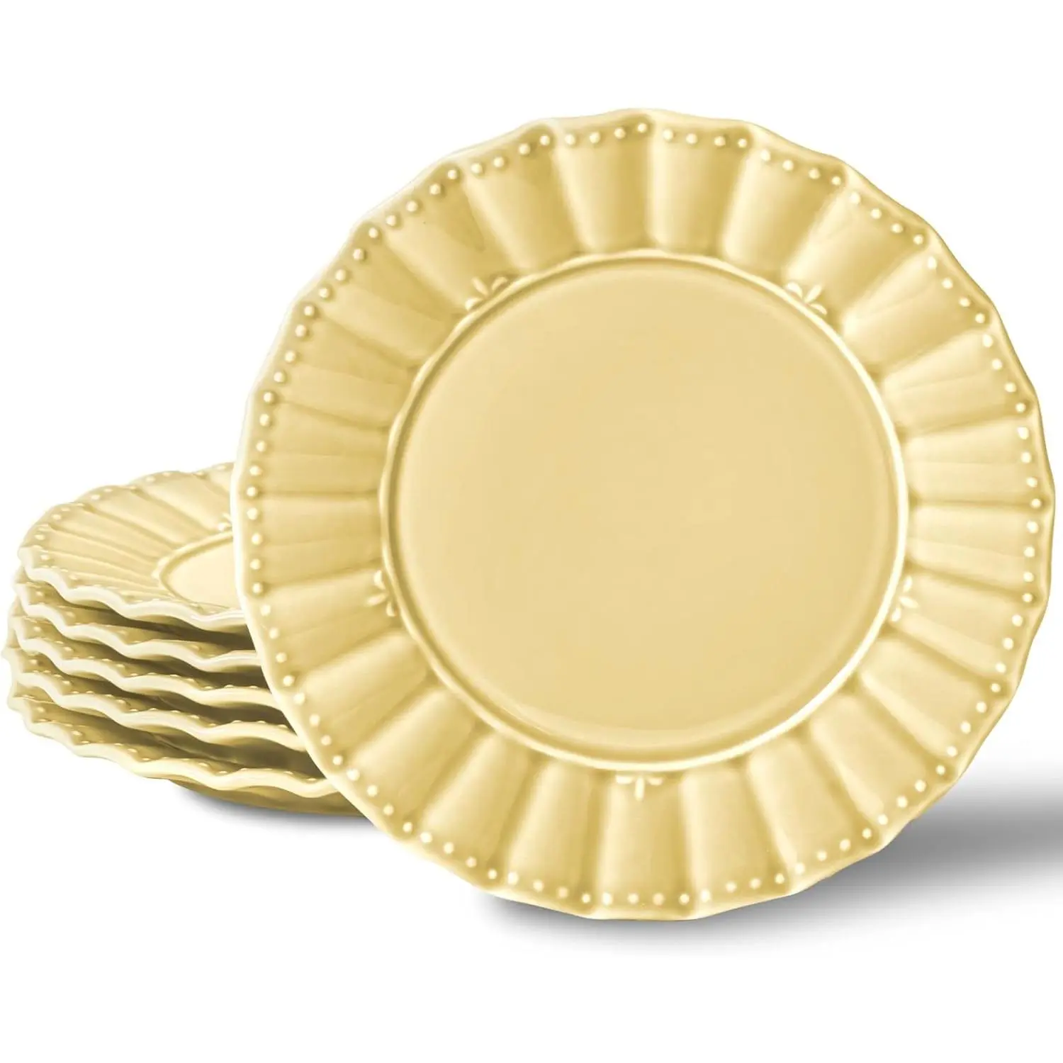 Lemon Yellow Wavy 8-Inch Ceramic Dessert Plates Set (6-Piece), Microwave & Dishwasher Safe for Cake, Snacks, Dinner, Dessert Plate