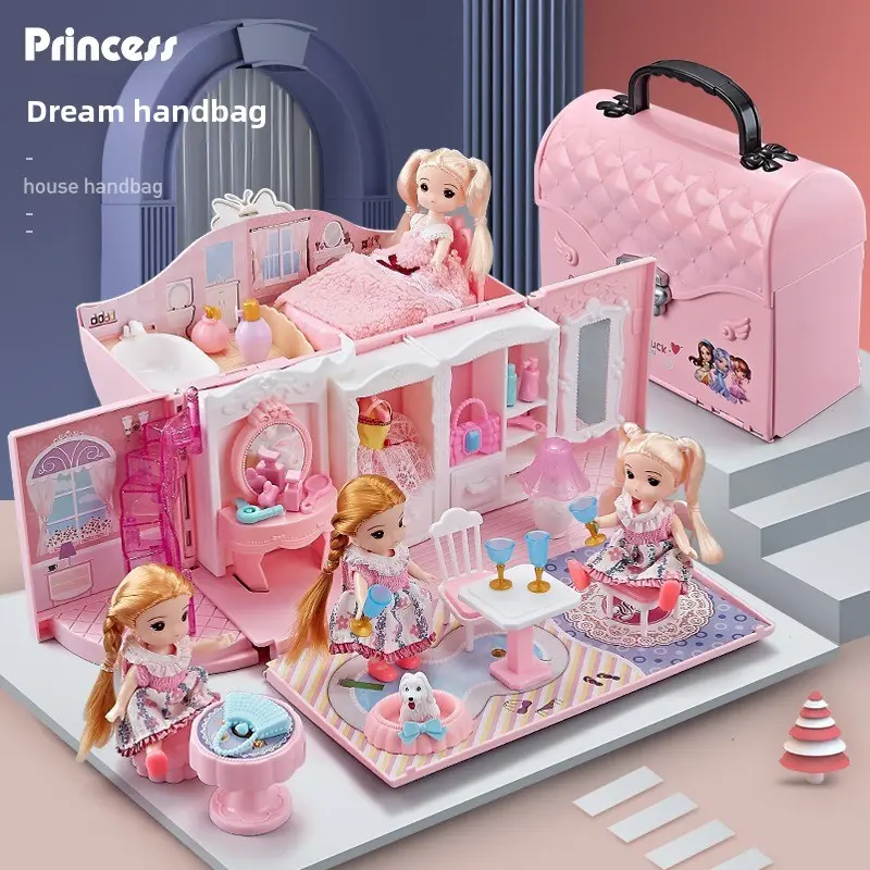 Pink Plastic DIY Princess Castle Doll House for Toddler Girls - Fold-Flat, Compact, Portable, Travel-Friendly, Space-Saving Toy Playset with Bedroom, Kitchen, Camping Set, Slide, DIY Furniture Accessories, 3-4 Years Multi-Scene Play Birthday Gift