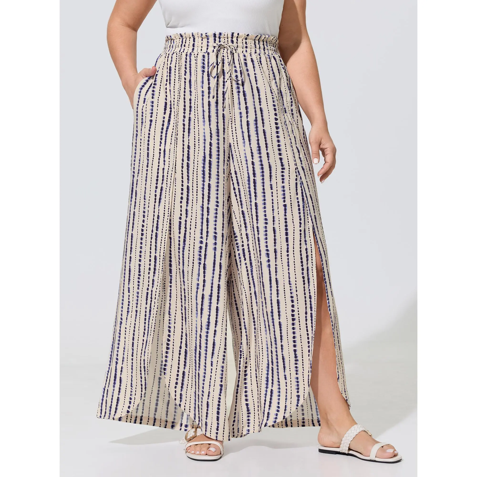 BloomChic Plus Size Mid Rise Pants, Boho Gradient Stripe Print with Split Hem, Smooth Rayon Garment with Polyester Lining, Bottoms, Fabric, Fit, Pocket, Bohemian, Women, Plus Size Clothes, Boho Vibe, Rayon Shell, Curvy Bodies