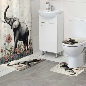 1/4pc floral elephant pattern bathroom set, The 4-piece set includes a single shower curtain, anti slip floor mat, toilet U-shaped mat, toilet lid mat, with shower curtain hook, and belongs to bathroom decoration products