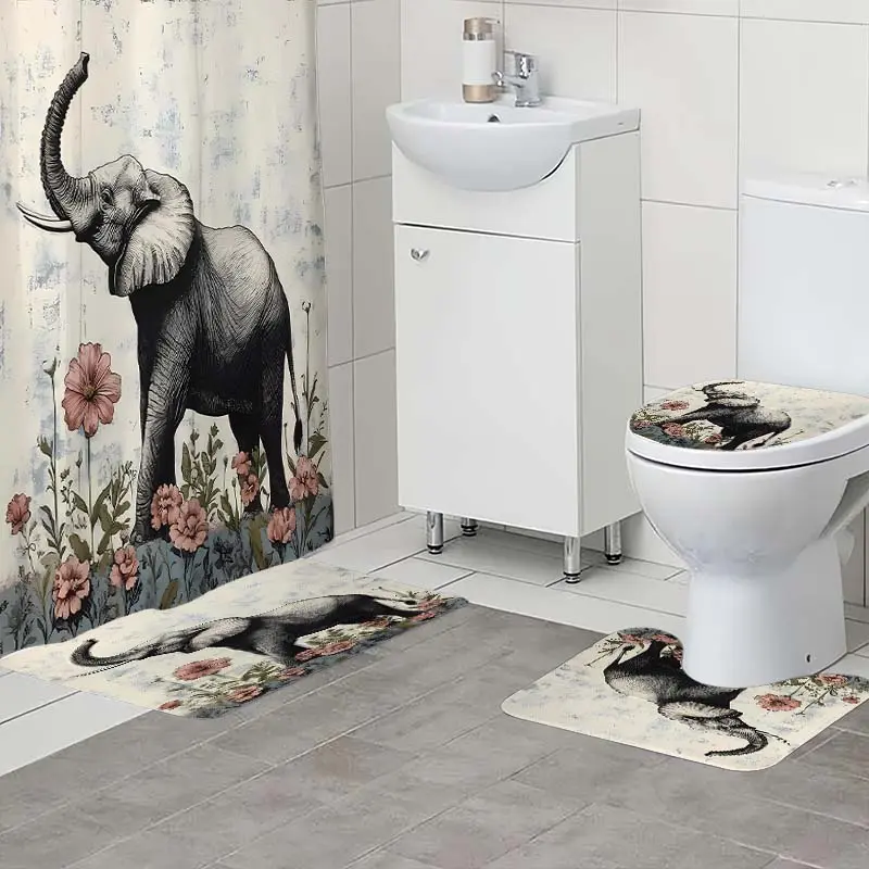 4pc floral elephant pattern bathroom set, The 4-piece set includes a single shower curtain, anti slip floor mat, toilet U-shaped mat, toilet lid mat, with shower curtain hook, and belongs to bathroom decoration products