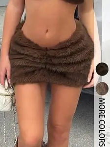 Sexy Bodycon Ruched Skirt, Faux Fur Pleated Half Skirt, Slim Fit High Waist Design, Perfect for Evening Wear & Parties