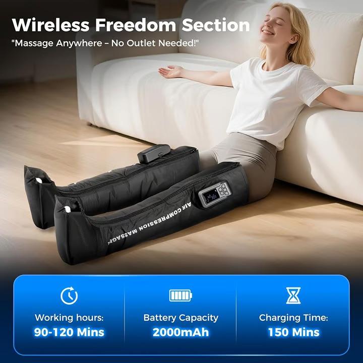 Cordless Air Compression Leg Massager Rechargeable Full-Leg Wrap with 3-Zone Sequential Modes & 5 Adjustable Intensities for Relaxing Therapy Black