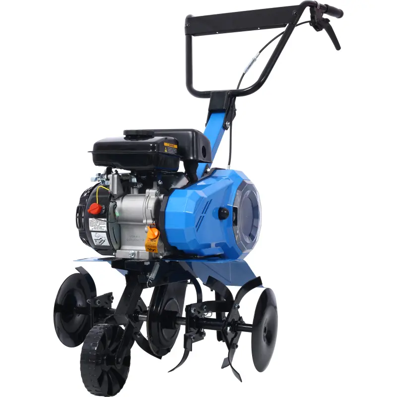 Gasoline powered 4-stroke 2-in-1 tiller and tiller, 78.5 cubic centimeters, with handle, tillage width of 18 inches, instant reverse gear, heavy-duty steel teeth, suitable for hard soil, new land cultivation, weeding, and deep plowing (blue)