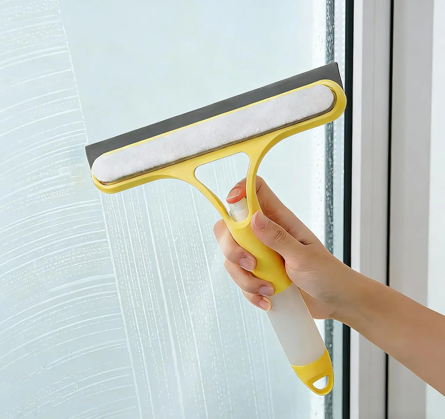 Handheld 3-in-1 Window Cleaning Kit - Durable Plastic Squeegee, Scraper, Built-in Scrubber with Spray, Comfortable Lightweight Silicone Microfiber Wipe for Glass, Kitchen, Desk, Car Windshield, Multipurpose Cleaning Tool