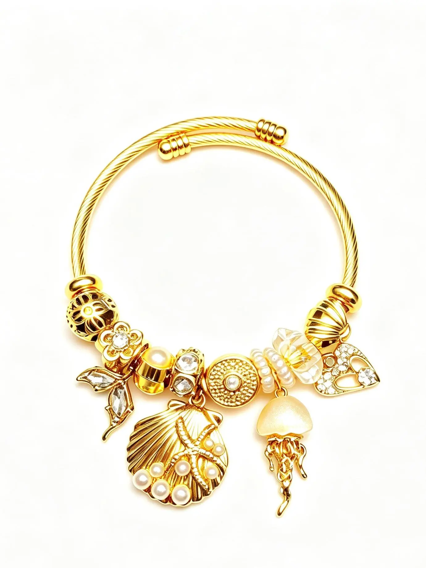 Gold Tone Shell Charm Bracelet for Women, Pearl Seashell Ocean Pendant Bangle, Beach Inspired Crystal Jewelry Gift for Her