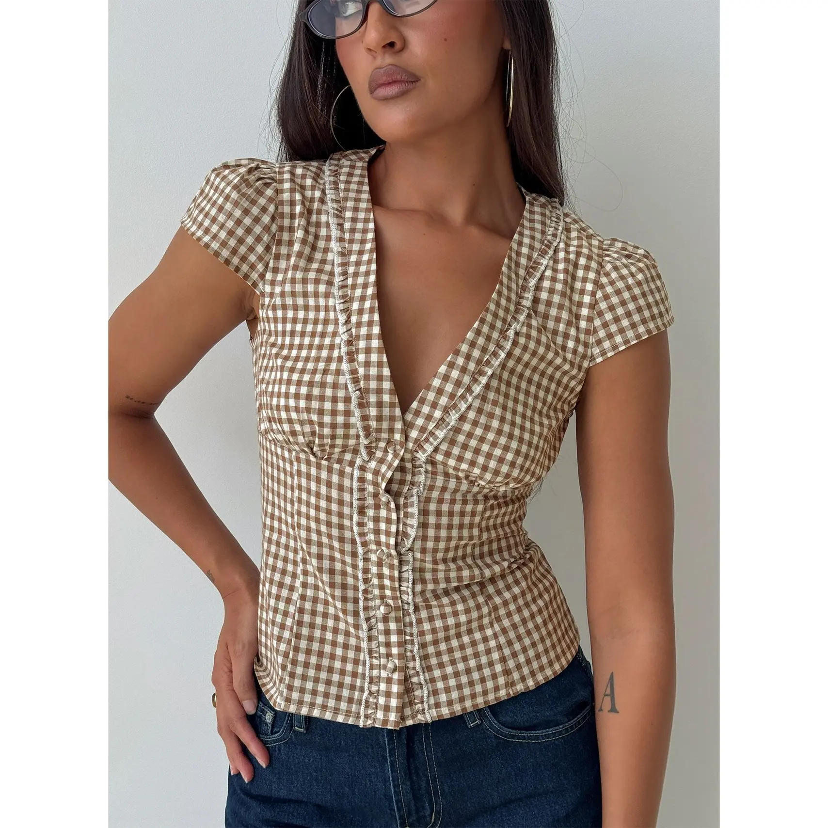 Bradlie Frill Detail Short Sleeve Blouse Top Chocolate Gingham