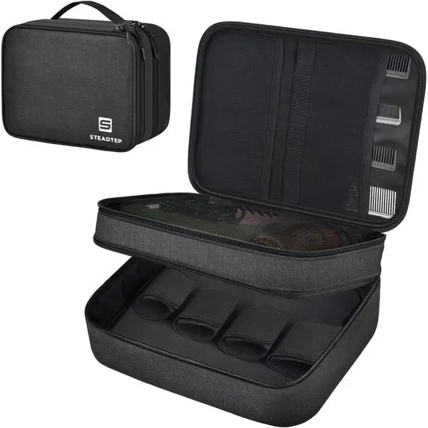 Clipper Case Barber Bag Double Layer Large Capacity Organizer for Clippers, Guards, Scissors & Accessories, with Transparent Pouch (Box Only) (BLACK, MEDIUM)