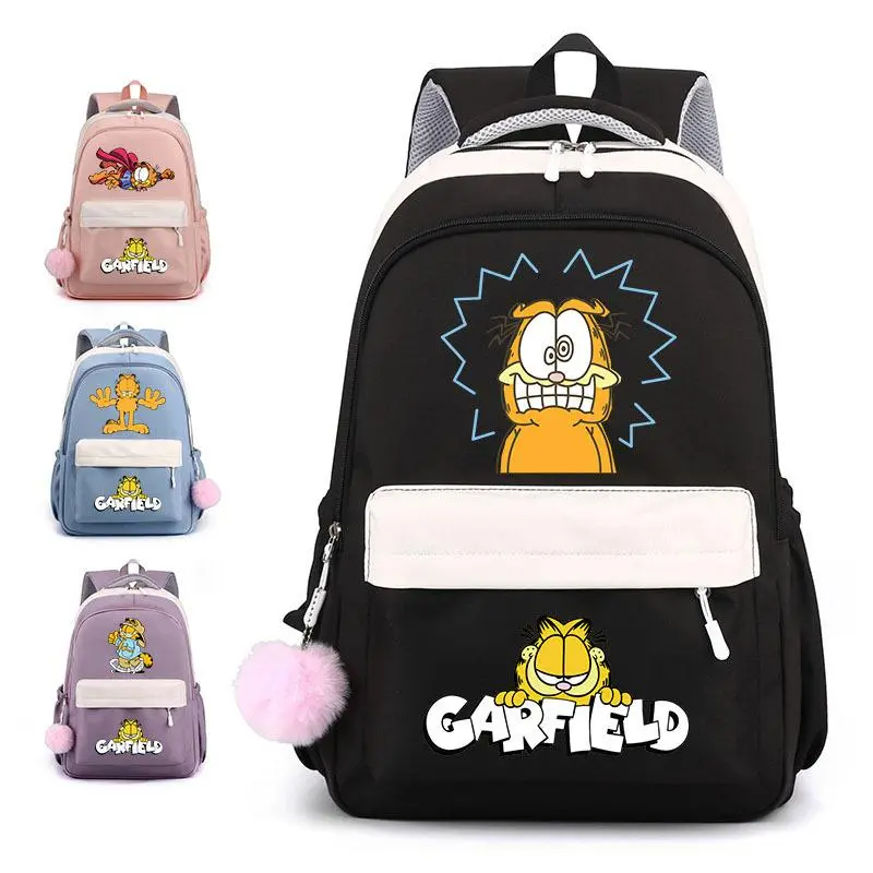 Cute Orange Cat Cartoon Backpack, Contrast Color Pom Pom Full Print School Bookbag, Large Capacity Lightweight Oxford Student Rucksack Casual Daypack