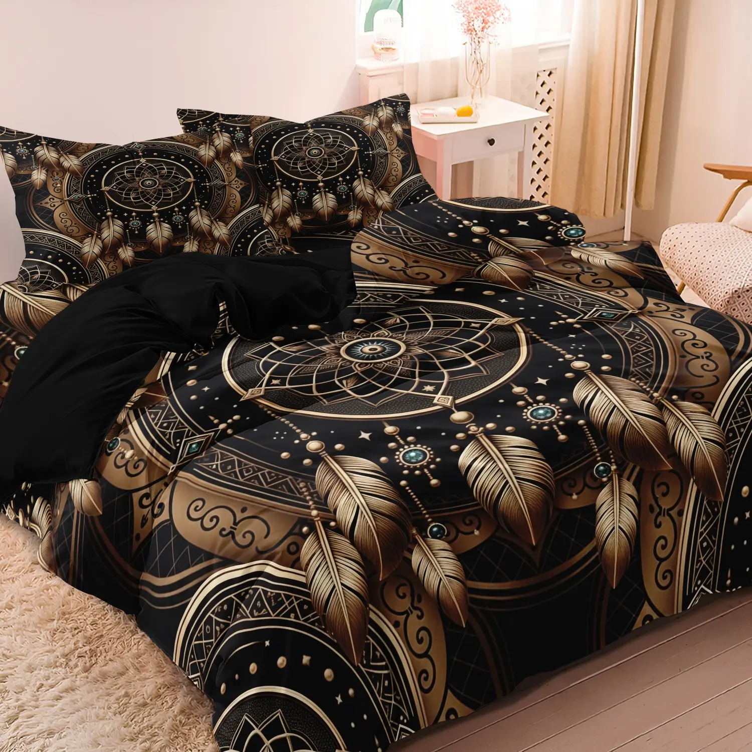 3pcs Dreamcatcher Feather Tribal Decorative Duvet Cover Set, Western Bead Print Bedroom Printed Bedding Set (1 Duvet Cover + 2 Pillowcases (No Comforter, No Pillow Core), High-Definition Print For Home & Dorm
