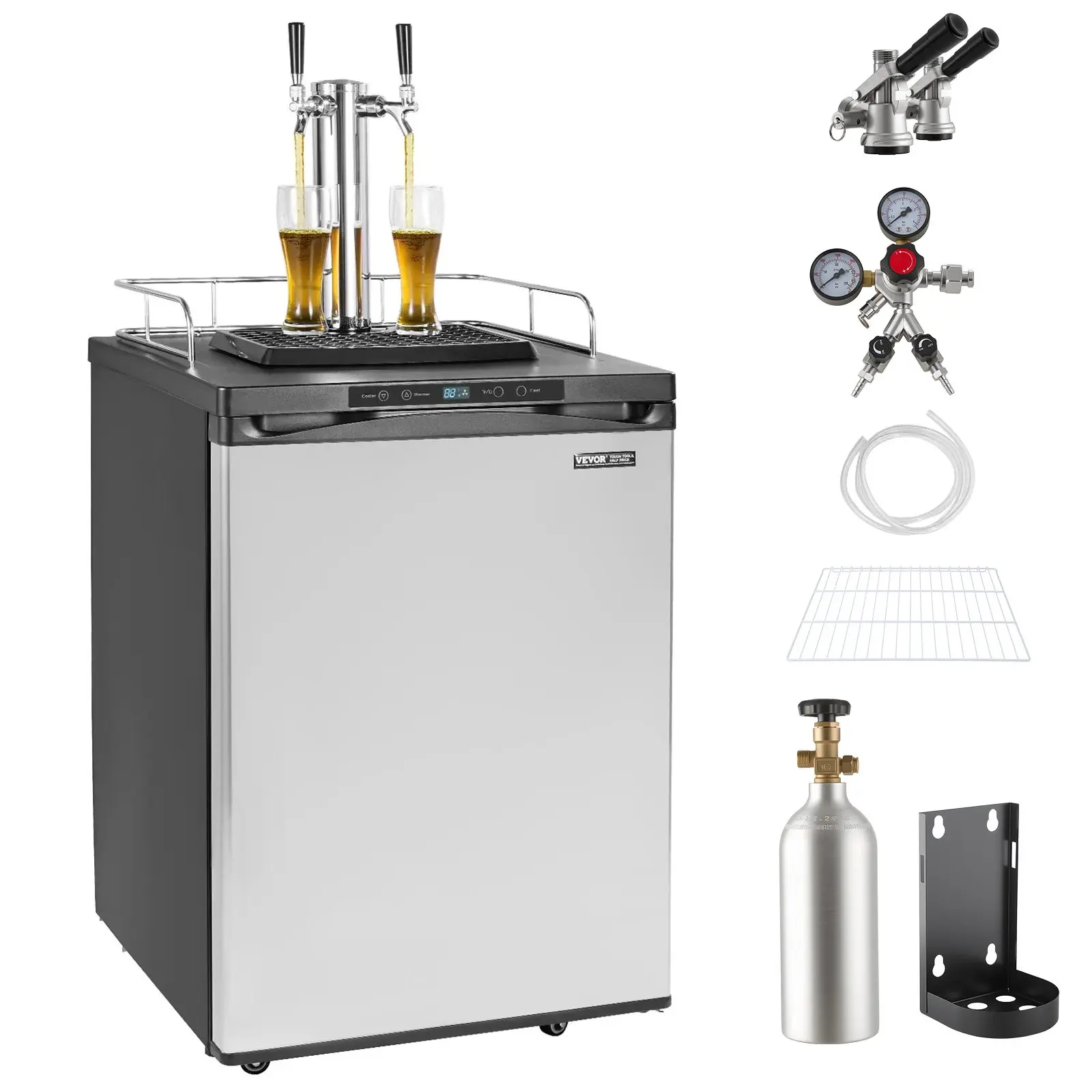 VEVOR Dual Tap Beer Kegerator - 162L Full Size Cooling Refrigerator, 110v-120v, 23°F-82.4°F Temp Control, Auto Defrost, Aluminum Tank(No Gas), Shelf, Drip Tray, Rail, Beer Hose, 23.7x29.1x52.4", 88.2 lbs, Silver