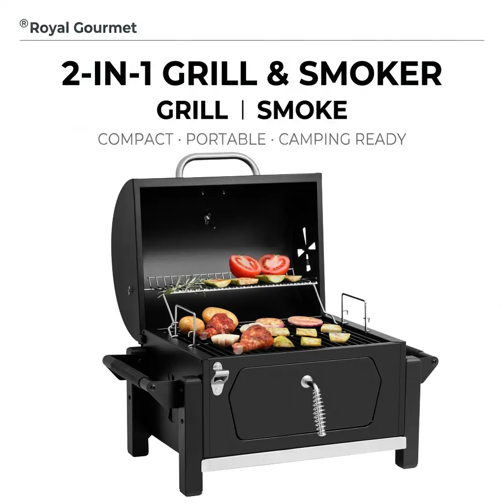 Royal Gourmet CD1519 Portable Charcoal Grill,2-in-1 Grill & Smoker,Compact Outdoor BBQ Grill with Two Side Handles, Built-in Bottle Opener,Perfect for Travel,Picnic,Tailgating & Campsite Cooking,Black Cooking Bbq Camping Bbq Burner Bbq Pit Tabletop Bbq