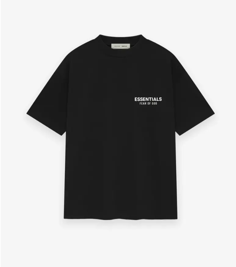 (OVER SIZE) Fear of God Essentials Classic Short Sleeve Tee Jet Black Men's Fashion Top with Logo Print OVER SIZE (SS25) Oversized Fit | Size Down Recommended