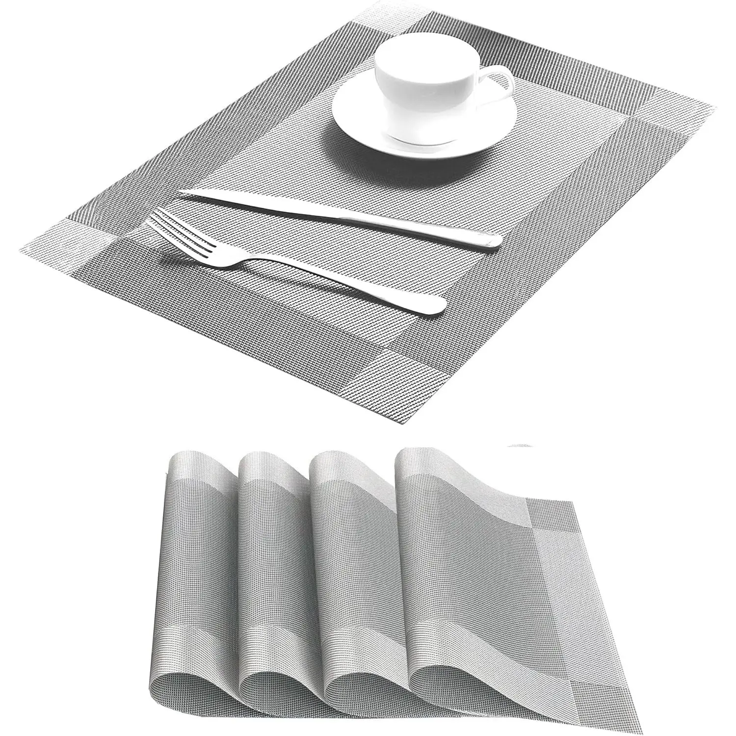 18" x 12" Silver Rectangular Vinyl Placemats Set of 4, Heat-Resistant, Insulating, Non-Slip Tableware for Kitchen, Dining Room