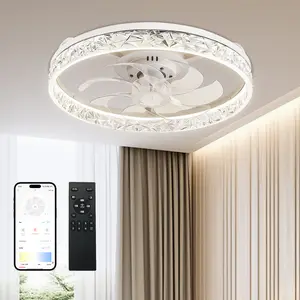 DEMILARE Crystal Ceiling Fan with Light and Remote, Dimmable LED Fandelier Ceiling Fan Light, 6-Speed Forward Wind and Reverse Mode, Modern Flush Mount Ceiling Fan for Bedroom, Living Room, Black or White Finish, Stock Up,Mother's Day