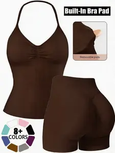 Women's Fitness Shorts Set, 2-Piece Backless Halter Sports Bra High Waist Butt Lifter Yoga Workout Clothes, Casual Sportswear, High Stretch Sporty