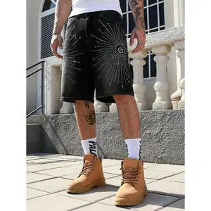 ROMWE MEN Men's Casual Diamond Decor Pocket Denim Shorts Jorts