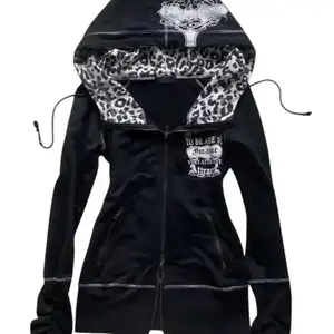 Y2k Millennium vintage Gothic cardigan, leopard print cross skull print hooded sweatshirt zipper jacket women's design sense top