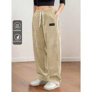 Women's Straight Leg Corduroy Pants Featuring Drawstring Elastic Waist, Fit for Casual, Sports, Hiking, Spring/Autumn