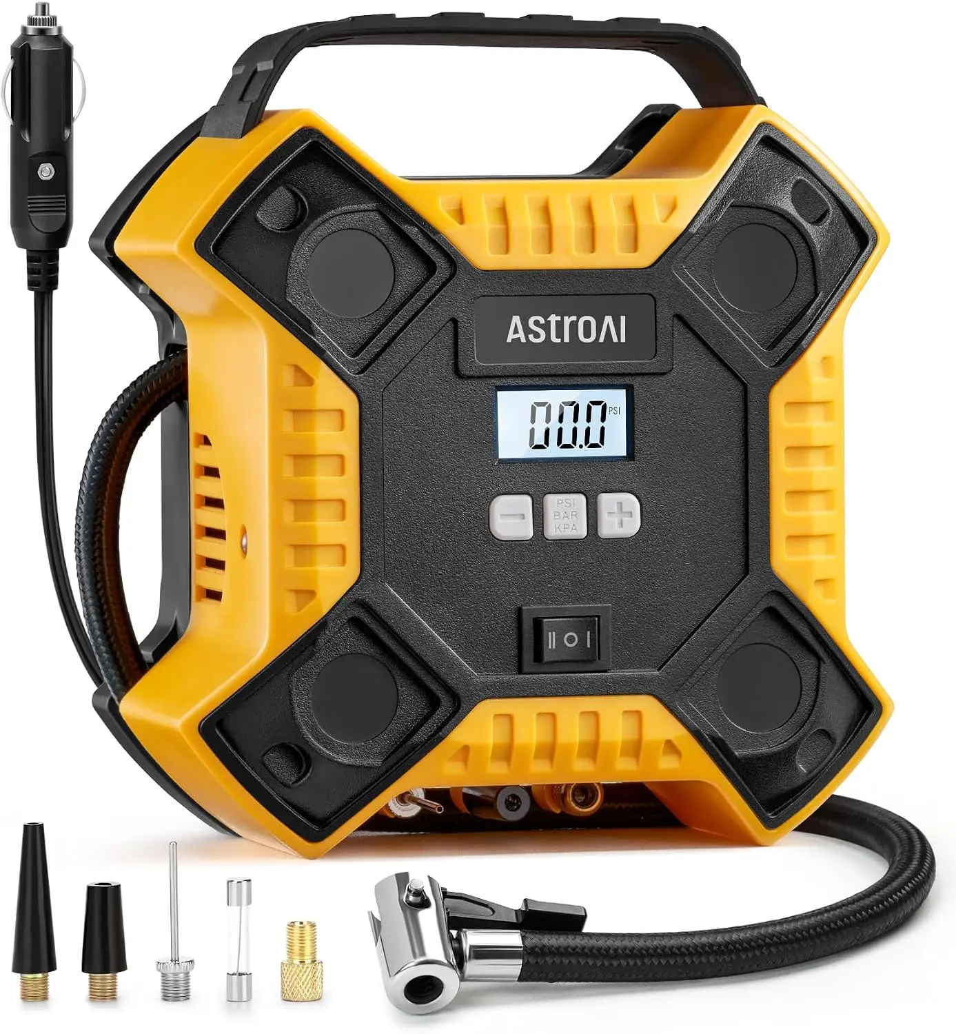 AstroAI 160PSI Tire Inflator Portable Air Compressor 12V DC Metal Cylinder | Auto Shut-Off 10Ft Cord LED Light Fast Inflation Air Pump for Car Tires, Bicycles, Motorcycles and Other Inflatables(Yellow)