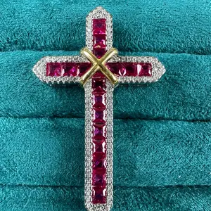<PingEast jewelry > 925 Sterling Silver Ruby Inlaid Cross Pendant (Chain Not Included), 4.5cm Length, 2.8cm Width