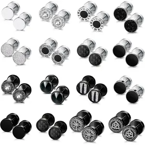 FUNRUN 16 Pairs 18G Fake Gauge Earrings for Men Women Stainless Steel Flat Back Stud Earrings Round Cheater Plug Earrings Faux Gauges Ear Tunnel