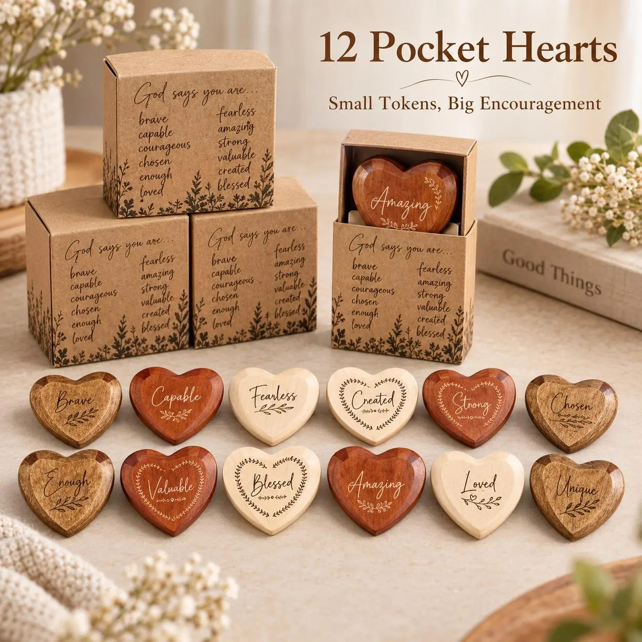 12 Pack Wooden Pocket Hearts, Inspirational Engraved Heart Tokens with Kraft Gift Boxes, Encouragement Keepsake Gifts for Friends Family Coworkers