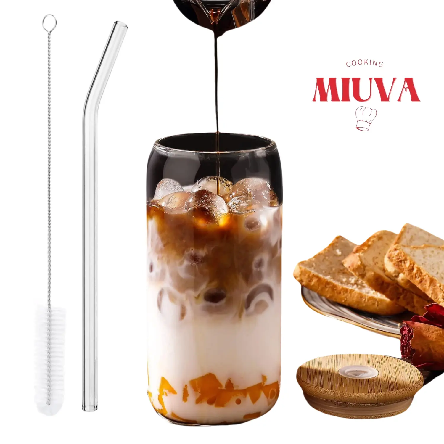 MIUVA Clearance Beverage Mug with Bamboo Lid and Glass Straw 16 oz. Canister Glass, Beer Mug, Iced Coffee Mug 1 count. For Summer, Parties, Gifts TikTokShopBlackFriday Drinkware Shaped