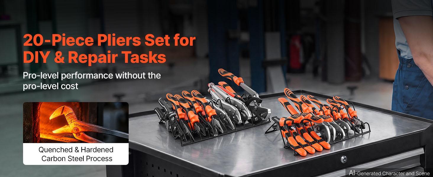 VEVOR 20-Piece Pliers Set, Polished Carbon Steel Jaw Hand Tools with 2-Pack Organizer Rack - Locking, Long Nose, Diagonal, Groove Joint, Snap Ring, Slip Joint Pliers for DIY, Home Repairs, Locking Pliers