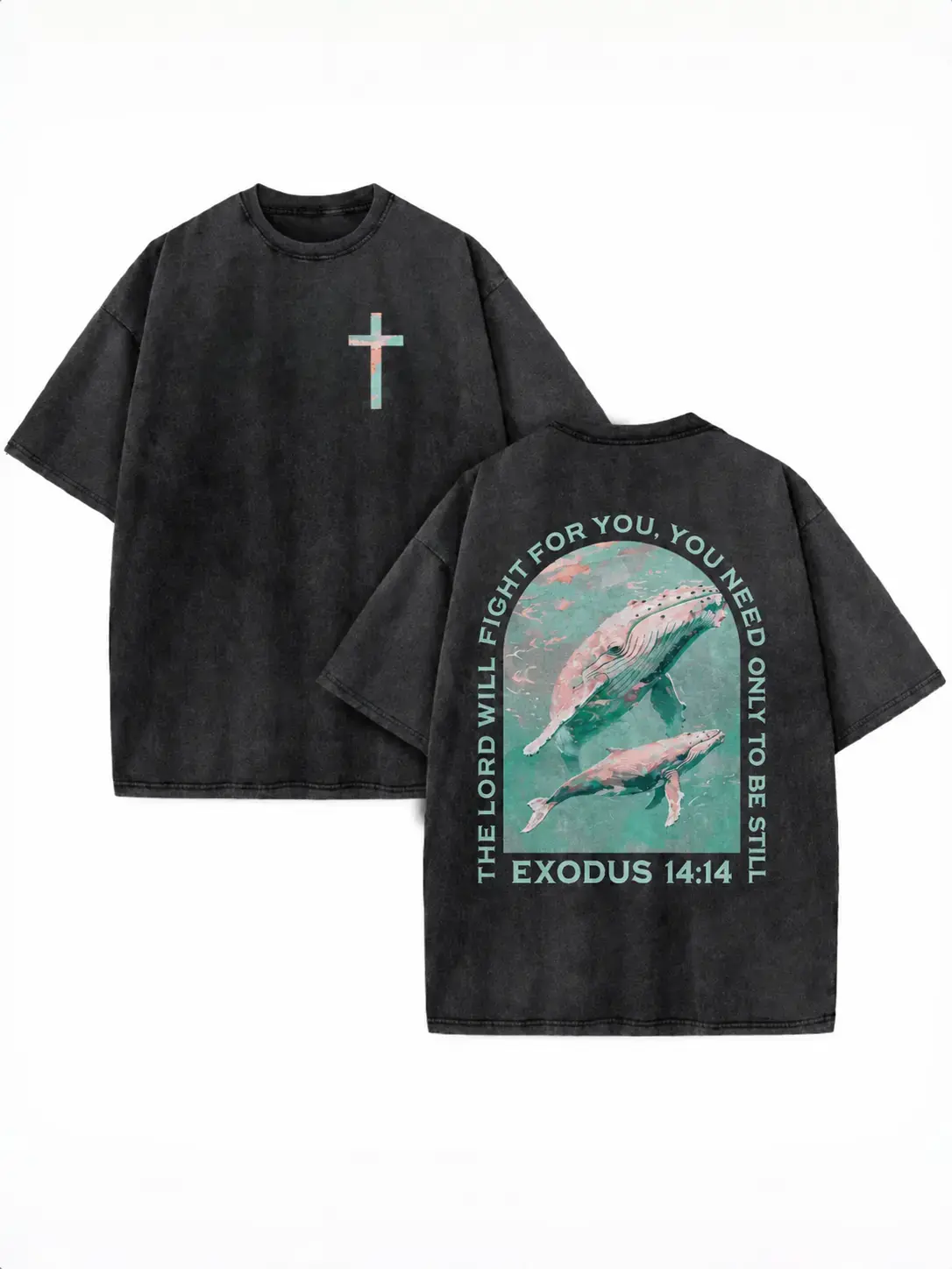 Men's Pure Cotton Loose-Fit Washed Finish Short-Sleeve T-Shirt - Distressed Black, Cross & Whale Letter Print, Exodus 14:14 Bible Verse, Faith-Based Casual Round Neck Tee, All Seasons, Hand Wash Only, Men's T Shirts, Graphic Tees