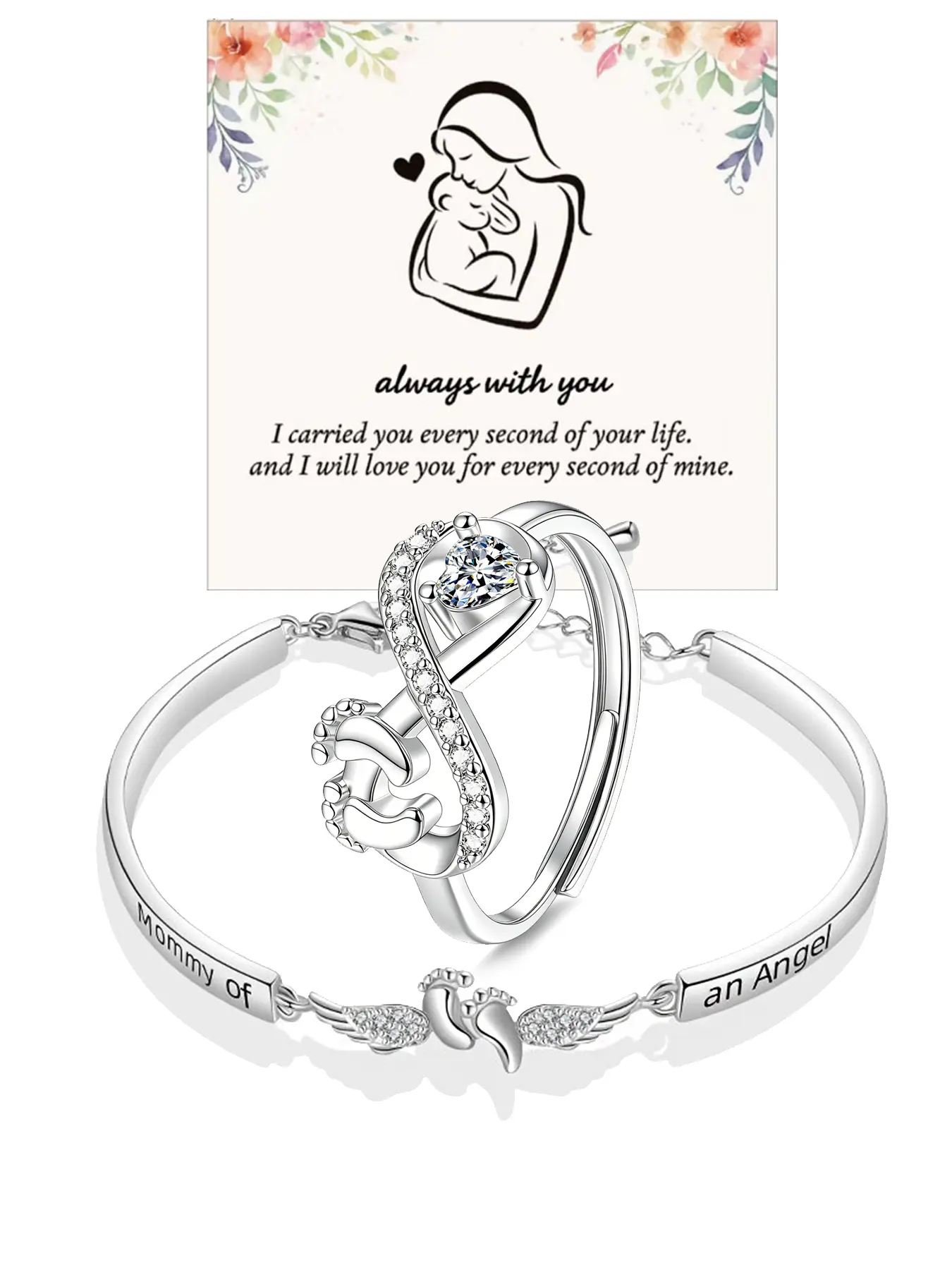 Angel Bracelet & Ring Set, Jewelry Sets, Women's Memorial Jewelry, "Angel Baby" Wings Design, Adjustable Bracelet & Heart-Shaped Infinity Ring, Miscarriage Sympathy Gift, In Memory of a Loved One, Mother's Day Gift