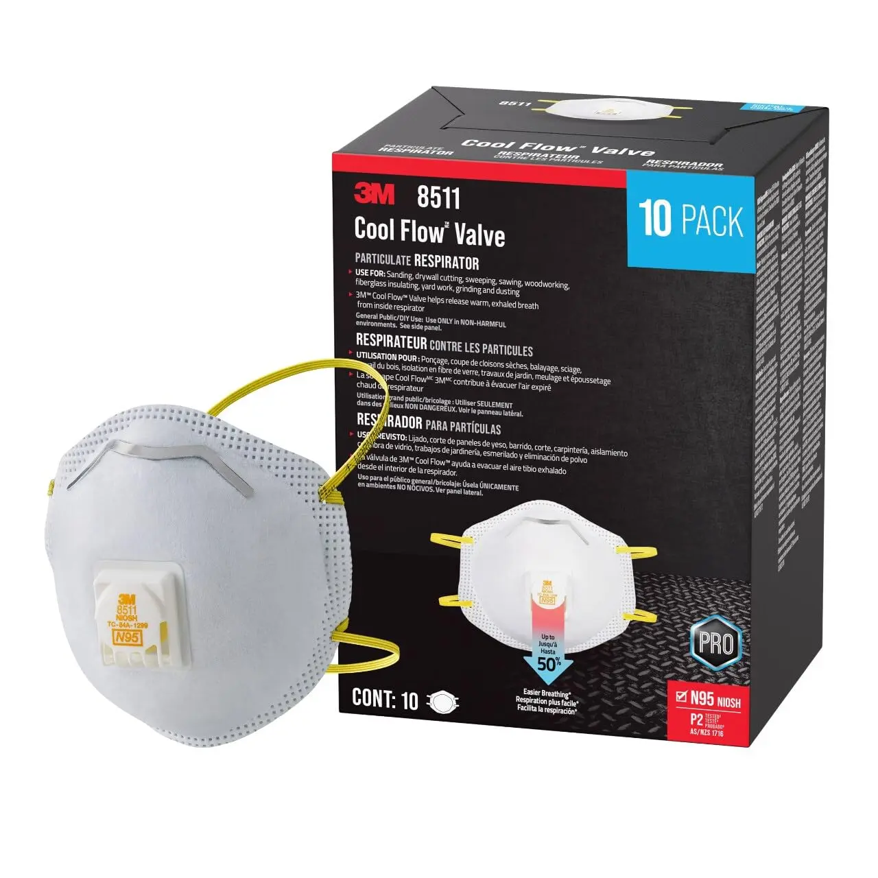 3M 8511 Valved Disposable Respirator with Cool Flow Exhalation Valve, Advanced Electrostatic Media, Adjustable Fit for Woodworking, 10 per Pack
