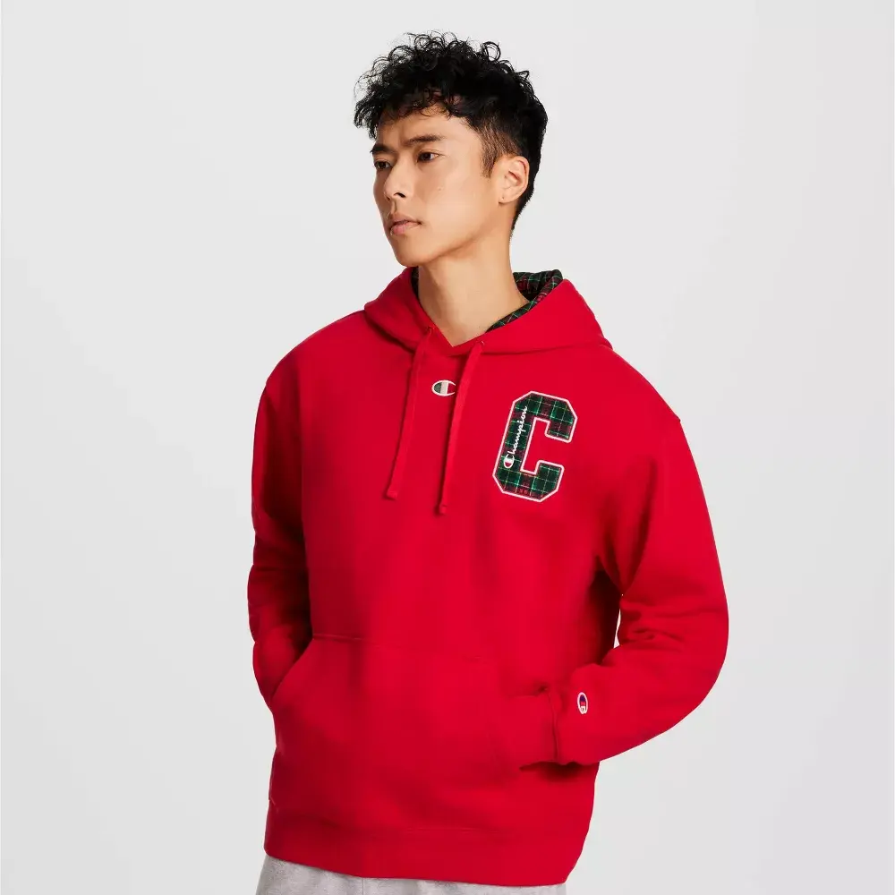 Champion Men's Hooded Sweatshirt, Midweight Fleece Pullover with Plaid Applique, Kangaroo Pocket & Ribbed Trim