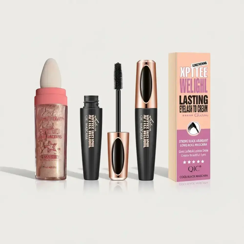 HANDAIYAN Highlighter Powder & Volumizing Mascara Bundle, 1pc Natural Brightening Highlighter Powder and 1pc Waterproof Curling Mascara, Natural Finish and Smudgeproof Makeup Set
