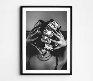 [SALE UP TO 50]Black Woman with Money on Head Wall Art, Black and White Feminist Poster, Luxury Fashion Wall Art, Trendy Rich Woman, Retro Girl Room Decor