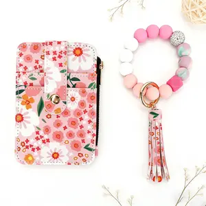 Women Boho Style Floral Wallet & Soft Silicone Beads Wristlet, Birthday Gift Valentine Gift for Women Girlfriend, Fashion Wallets Card Holders
