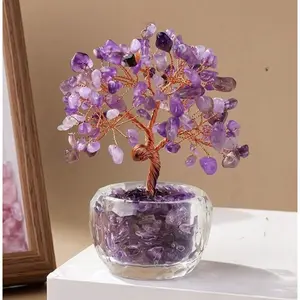 Natural crystal stone decorative lucky ornament, fortune tree glazed base cornucopia, home office lucky decoration