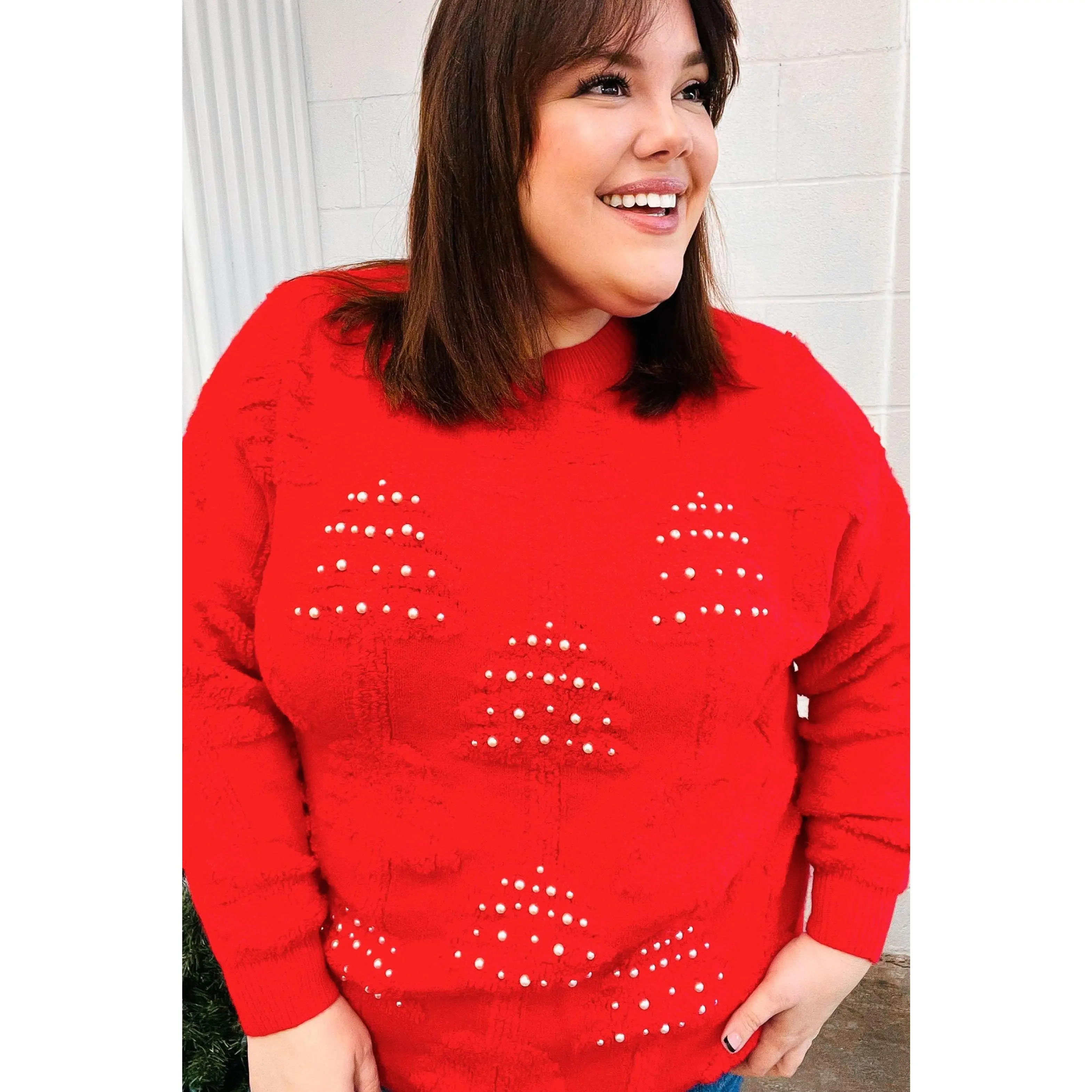 More The Merrier Red Pearl Christmas Tree Jacquard Sweater