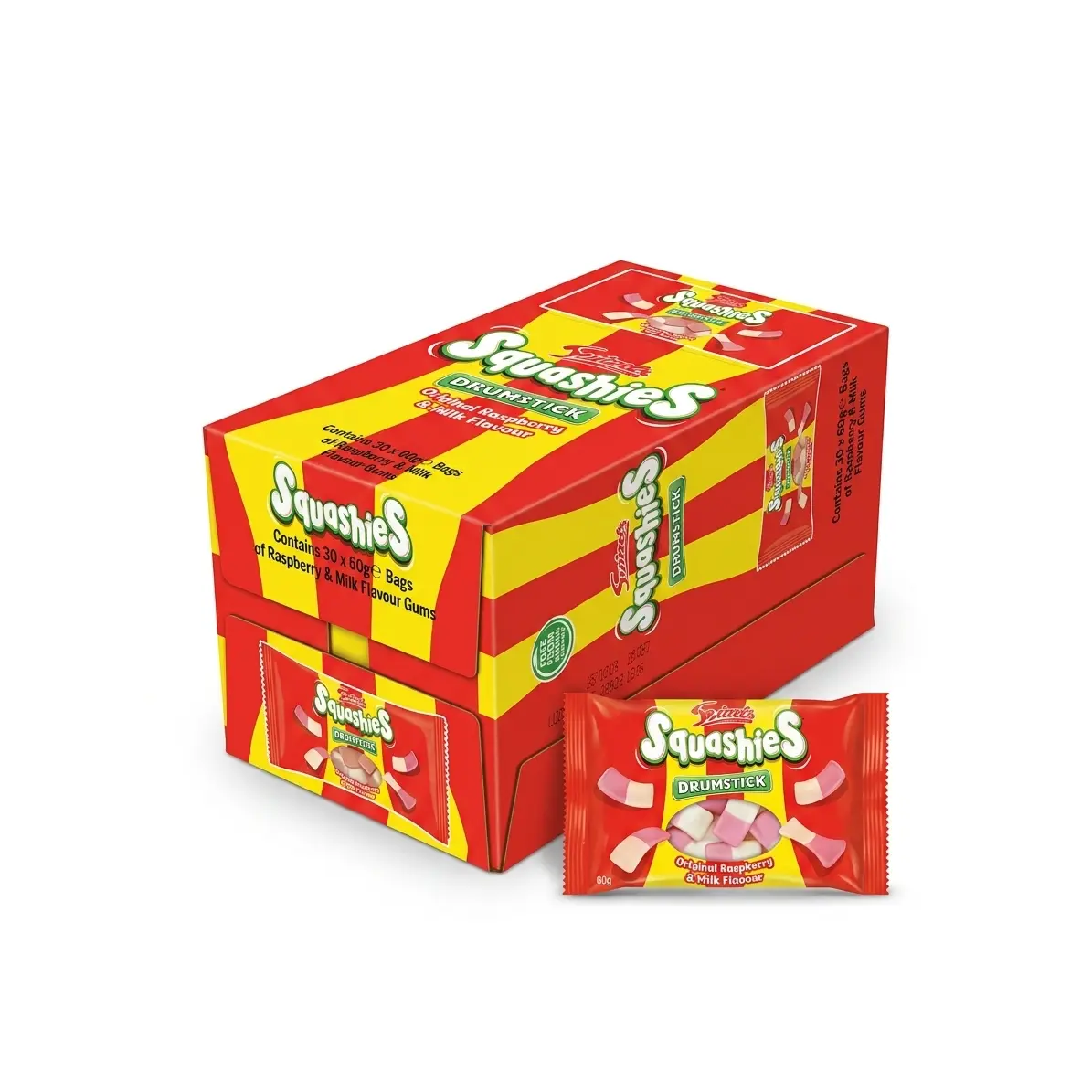 Swizzels UK Squashie Raspberry Drumstick Big Bags 60g 30ct Tray