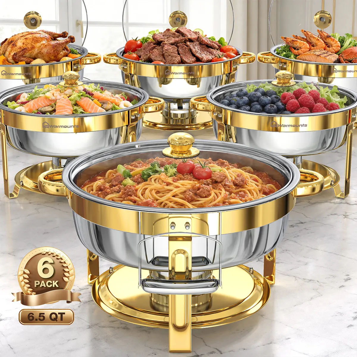 WARMOUNTS 6.5QT Gold Round Stainless Steel Buffet Server Warmer Chafing Dishes - Mirror Polish, Roll Edge, Stackable, Glass Lid, Lid Holder, Large Deep Casserole, 2-4-6 Multiple Packs (Home Kitchenware Essentials), 6.5 Quart