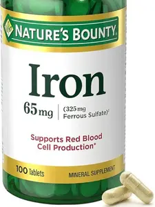 Nature’s Bounty Iron 65mg, 325 mg Ferrous Sulfate, Cellular Energy Support, Promotes Normal Red Blood Cell Production, 1 Serving Per Day, Gluten Free, 100 Vegetarian Tablets