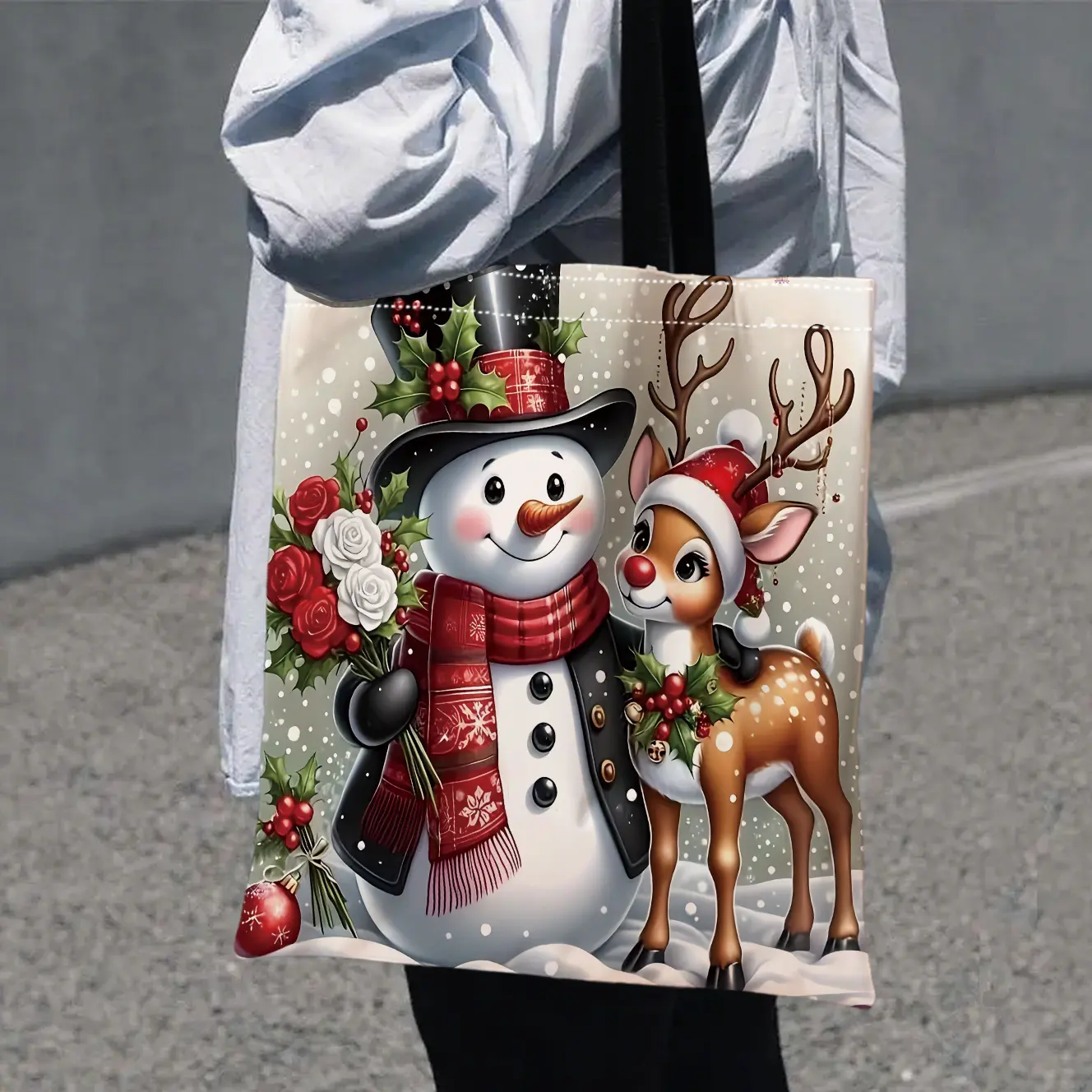 Christmas Snow Reindeer Pattern Shoulder Bag, Perfect for Shopping, Daily Use, Holiday Gift, High Quality, Women's Handbag
