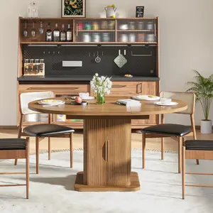 Extendable Black Round Dining Table for 4-6-8, 59 Inch Kitchen Dining Room Table with Storage, Modern Oval Circle Dinner Furniture, Fluted Wood Slide Door, for Home, Living Room, Farmhouse